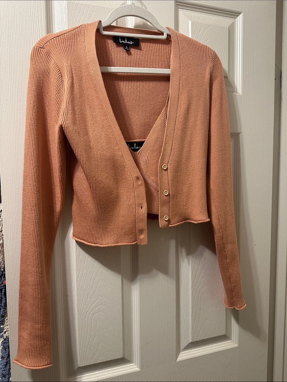 Lulu's Peach Ribbed V-Neck Cardigan and Cami Set